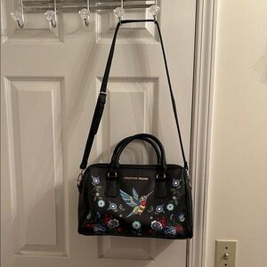 Christian Siriano Black Satchel with Colorful Floral & Hummingbird Embroidery